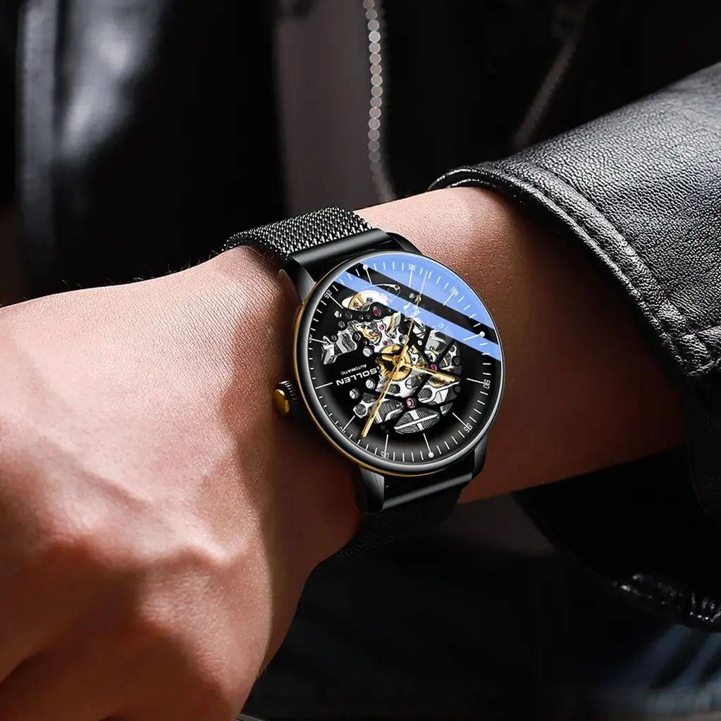 SOLLEN Men's Fully Automatic Mechanical Watch, Men's Watch, Curved Hollow Mesh Belt Style, Trendy Night Light Watch