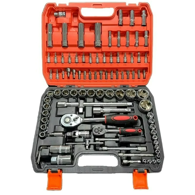 108pcs Chrome-plated Steel Industrial Grade Manual Tool Kit 17mm Durable Non-Battery Metric Ratchet Socket Wrench Hard Case