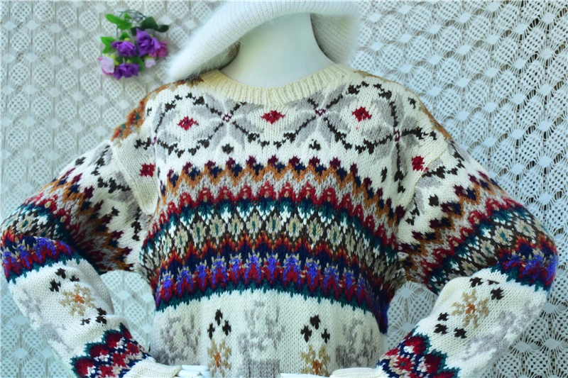 Women Vintage Fair Isle Wool Sweater Retro Reindeer Geometric Knit Pullover Long Sleeve Crew Neck Loose Oversized Winter Warm Et view 2