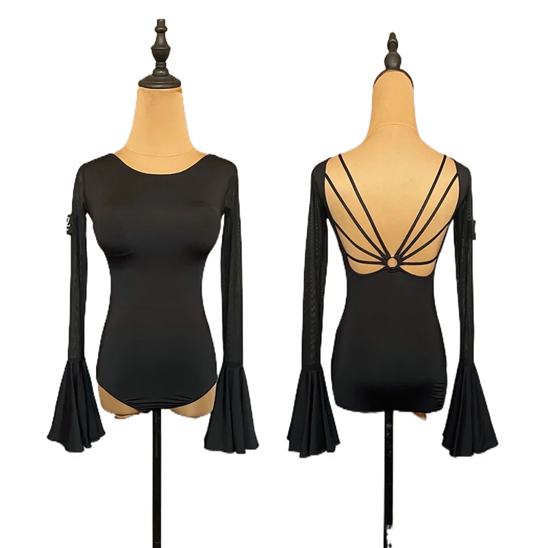 

Сексуальный черный топ для бальных танцев, женская тренировочная одежда, купальник с расклешенными рукавами для взрослых, одежда для латинского танго, стандартная танцевальная одежда 2218