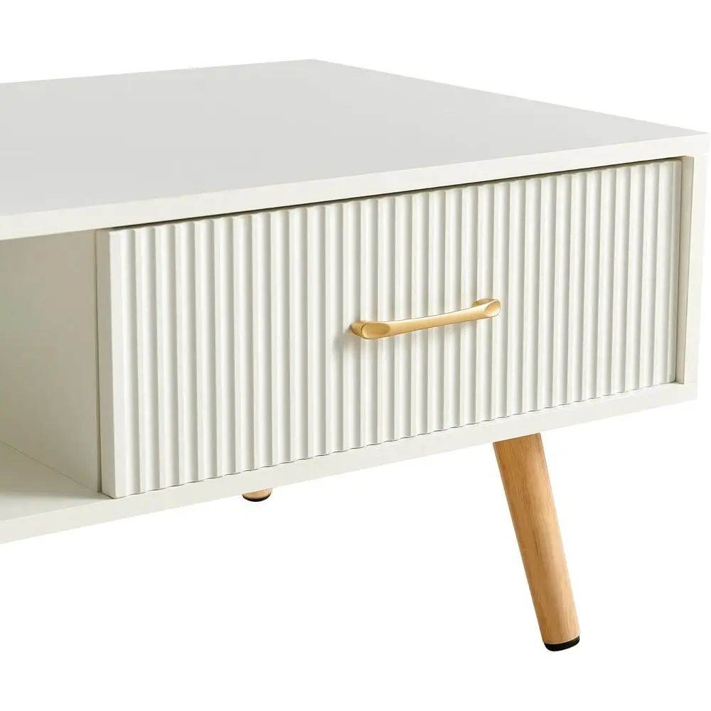 Vintage-Style Rectangular Coffee Table with Stripe Drawer, Large 41 Storage Center Table for Living Room, 2-Level White Cocktail