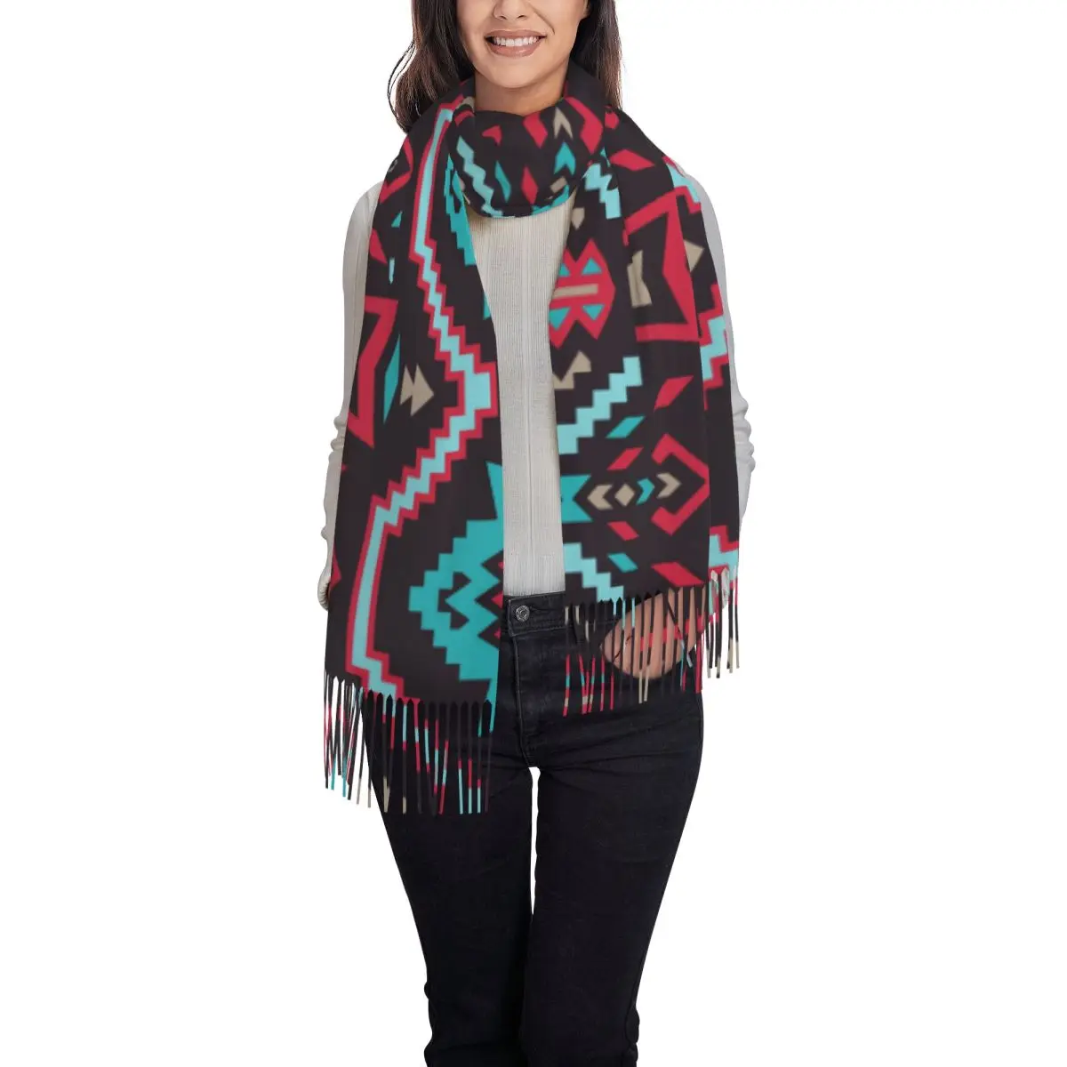 Native Southwest American Aztec Navajo Scarf Wrap for Women Long Winter Fall Warm Tassel Shawl Unisex Scarves