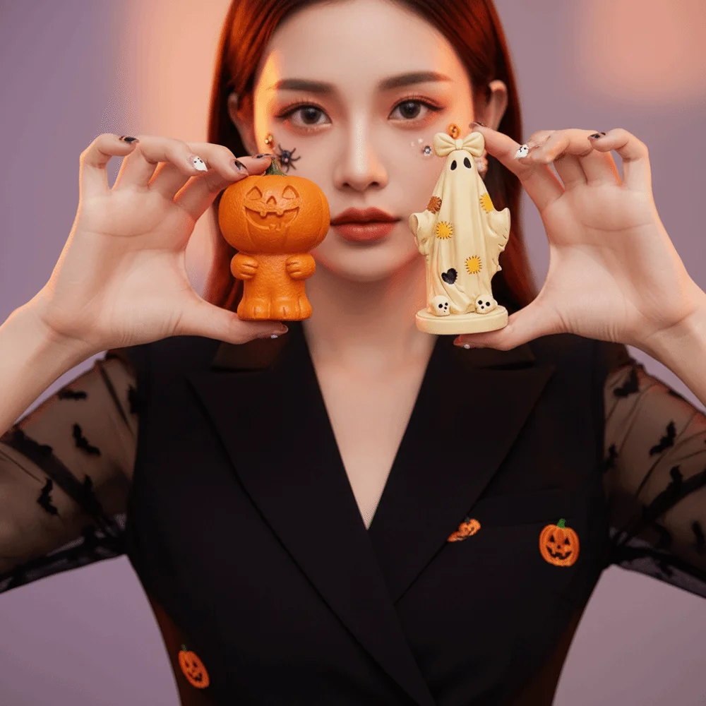 Resin Halloween Figurine Patchwork Detail Cute Design Spooky Statue Art Handpainted Surface Ghost Ornament Home Decorator
