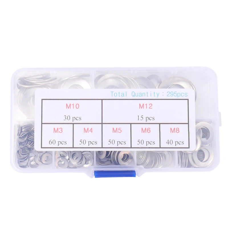 LICE-295 Pcs 304 Kit de sortimento de junta de arruela de mola de aço inoxidável 2 ondas (M3 M4 M5 M6 M8 M10 M12)