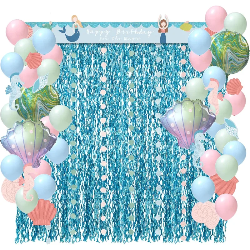 79 Pcs Mermaid Balloons with Garlands Holographic Wavy Blue Curtains and Happy Birthday Banner for Mermaid Birthday Party