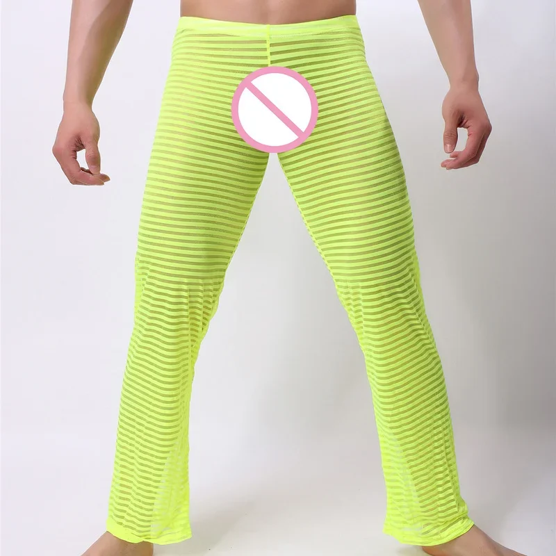 Men's Solid Color Sexy Loose Pajama Long Pants Mesh Transparent Striped Casual Trousers Breathable Lounge Sleep Bottoms Homewear