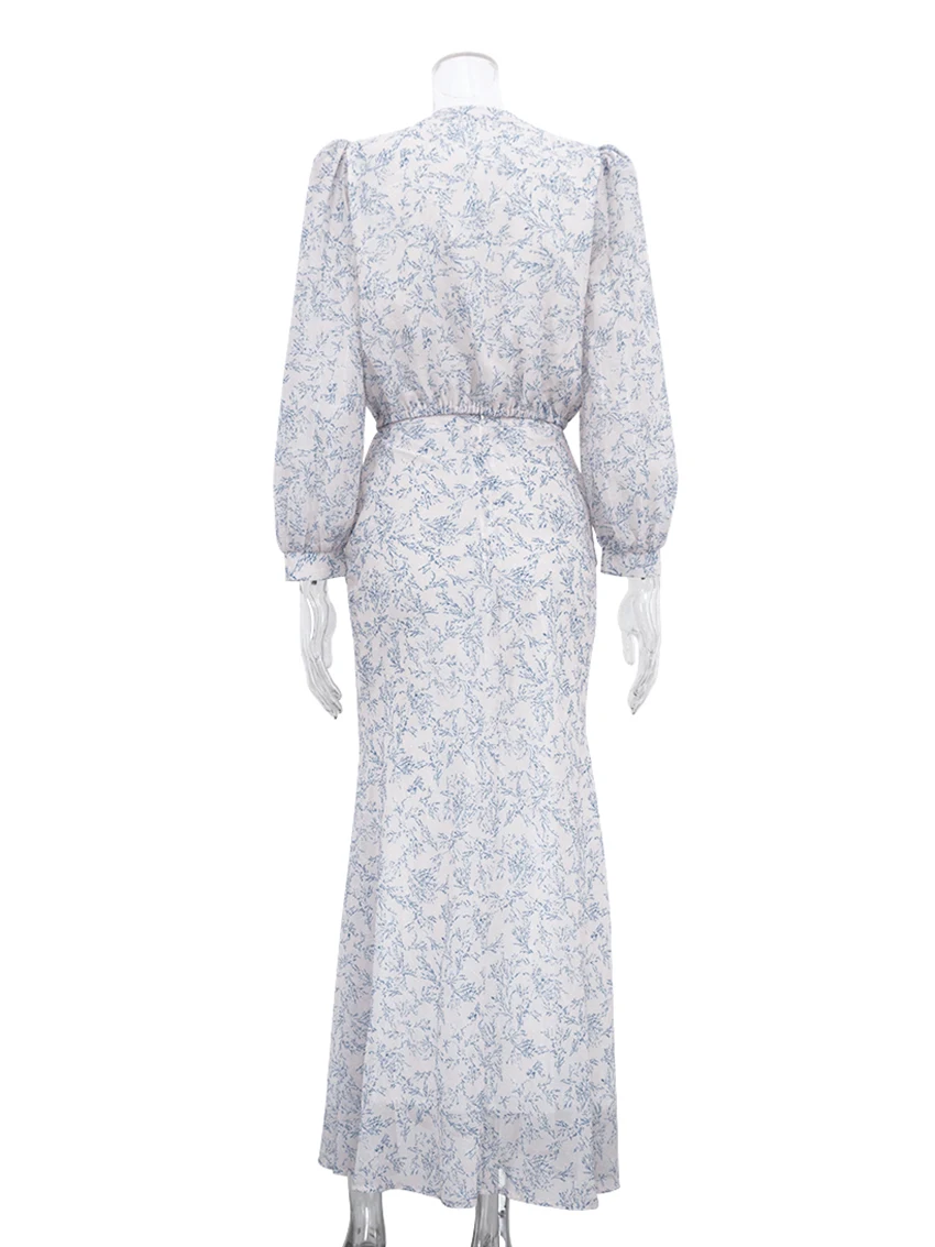 Marthaqiqi Fashion Female Nightgown Suit Long Sleeve Pajama O-Neck Nightie Crop Top Nightwear Long Skirts Printing Sleepwear Set