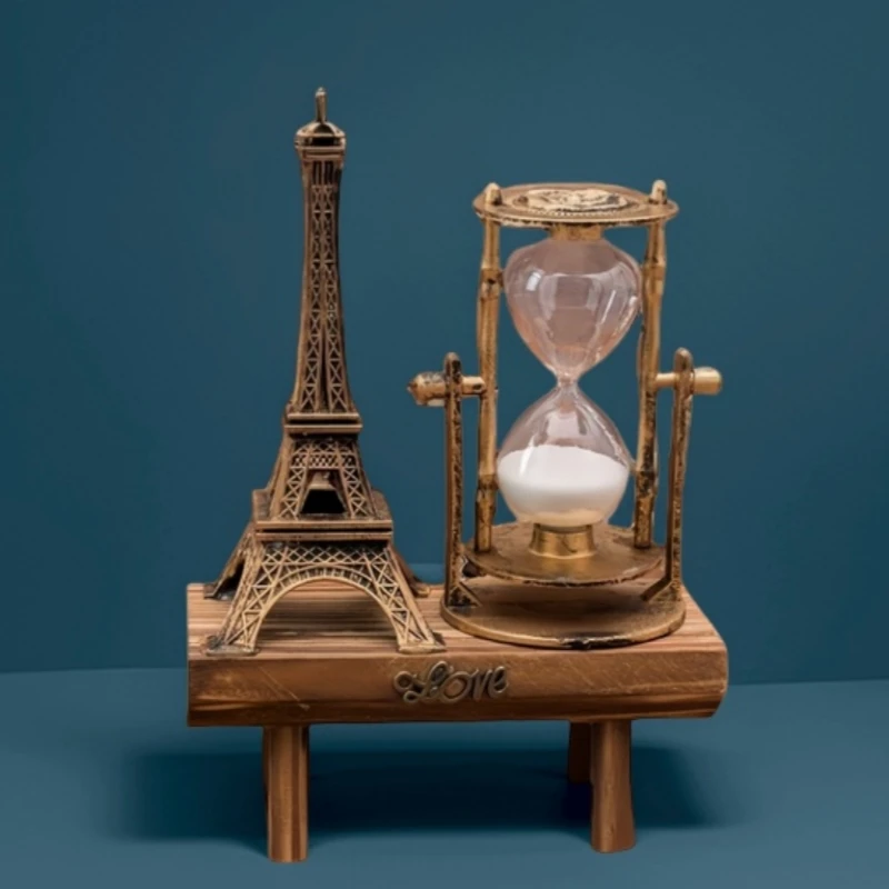 قطعة واحدة من الديكور البرج الحديدي الإبداعي، ديكور منزلي بسيط لغرفة المعيشة، الدراسة، مكتب المكتب، ساعة مؤقت رملية خشبية