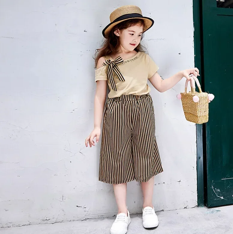 Toddler Girls summer short sleeve T-shirt striped pants clothes suits fashion children\'s  bow tops Trousers 2pcs Clothing sets