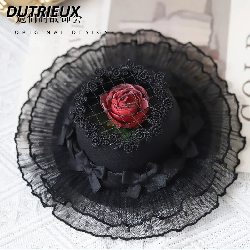 

Japanese Lolita Rose Generation Color Black Sweet Cute Girls Hair Accessories Headdress Handmade Flat Hat Bow Hairpin