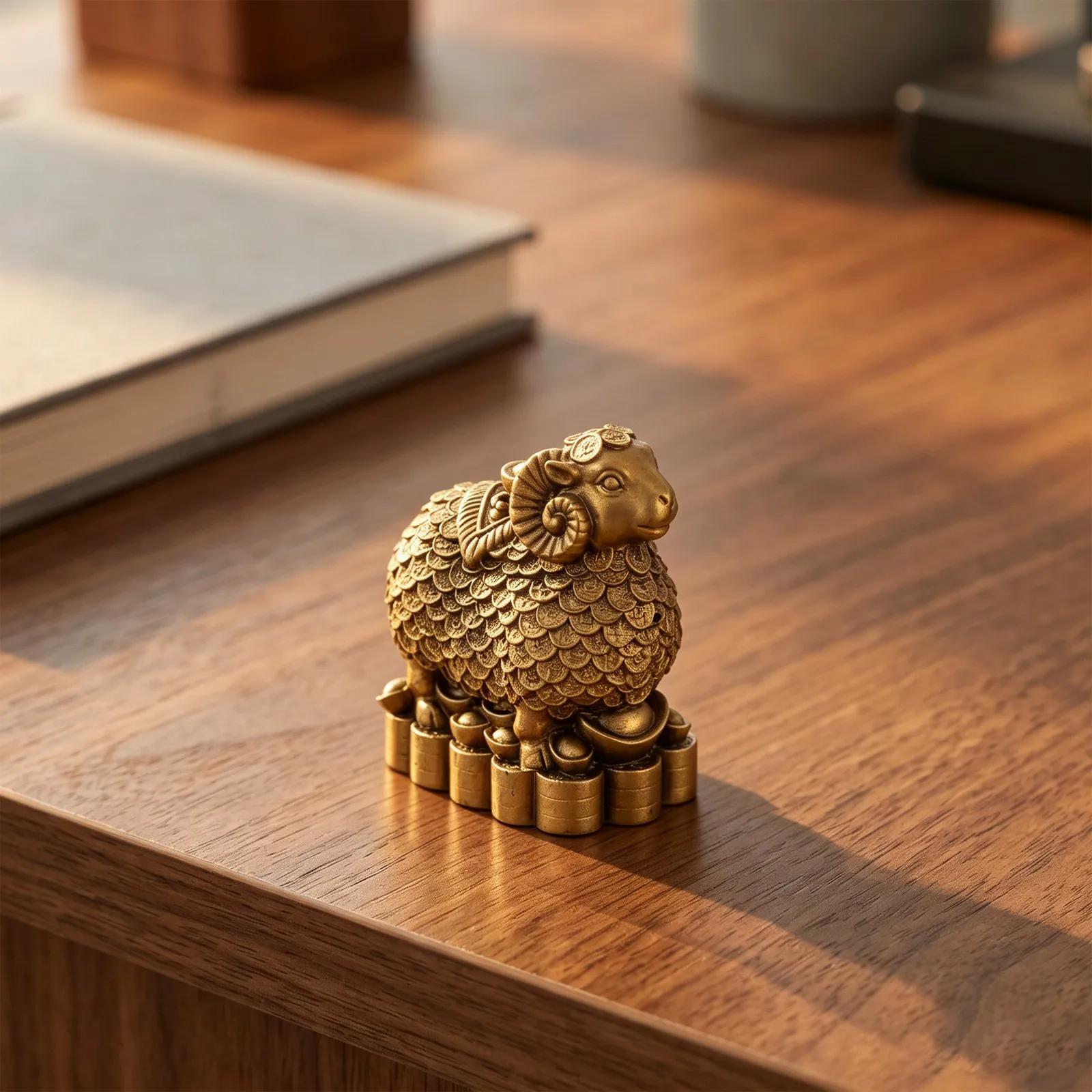 Resin Sheep Statue Chinese RAM Coin Ingot Wealth Symbol Hand Carved Mini Tabletop Feng Shui Home Office Decor Zodiac Ornament