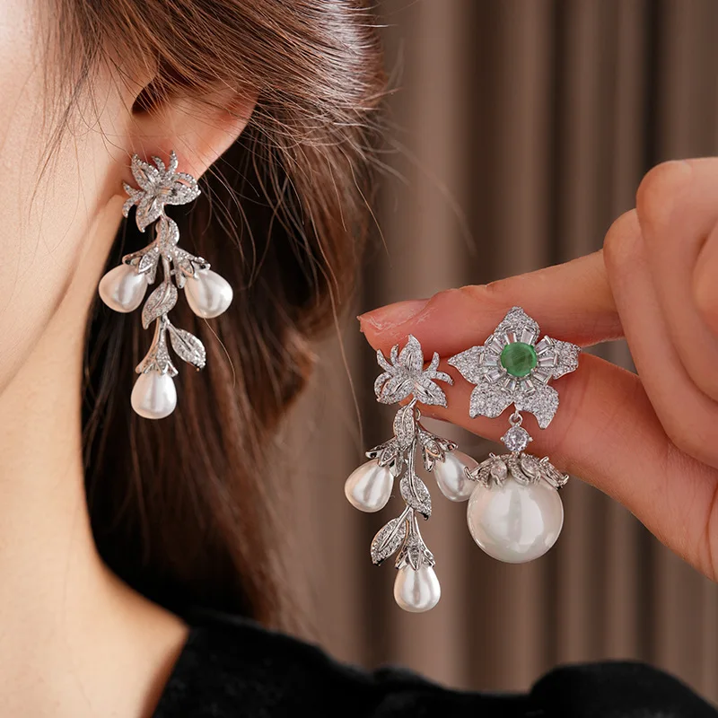

NISHIZAWA Medieval Vintage Light Luxury Earrings Silver Needle Zircon Flower Pearl Retro Earrings for Women