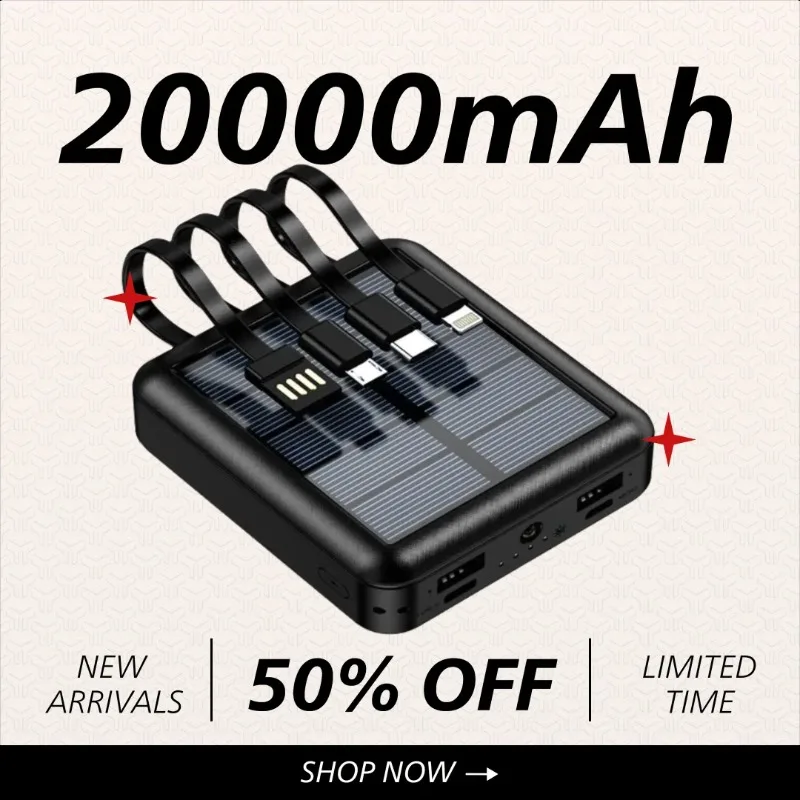 20000mAh Solar Power Bank, Compact and Portable with Built-in Cable