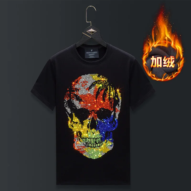 Plus Size Skulls T Shirts Men Winter Clothes Colorful Rhinestones Streetwear Short Sleeve O Neck Thick Velvet Tshirts Camisetas