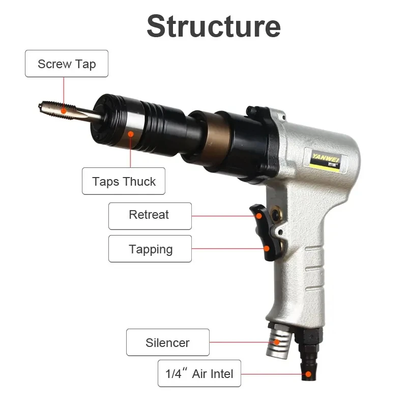 Pneumatic Tapping Machine Air Clear Up Thread Tool Tapper with Overload Protect ISO JIS Chucks M3-M12