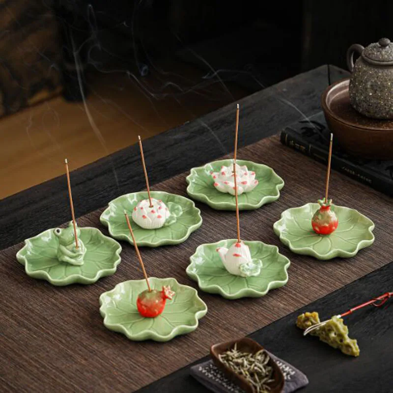 Soporte de incienso creativo Celadon Lotus Stick, Base de incienso de rana y fruta de dragón, incensario de aromaterapia, decoración interior del hogar