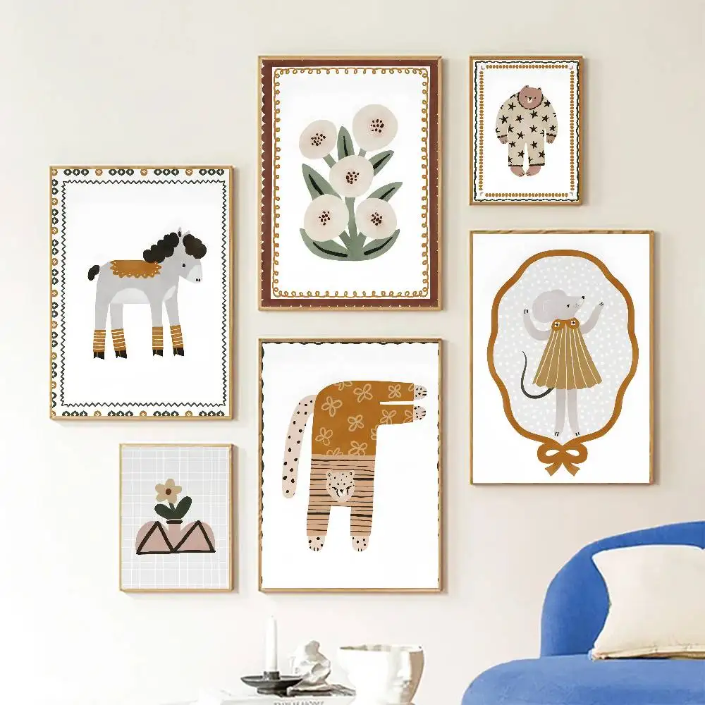 Cute Animals Elephant Horse Bunny Cat Poster Self-adhesive Art Room Entrance Restaurant Wall Decor Art Painting
