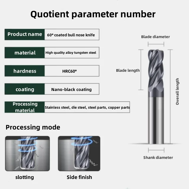 10pcs HRC60 4-Flute CNC Corner Radius End Mill Tungsten Steel Router Bit for Surface Machining R Bullnose R0.5 R1 R2