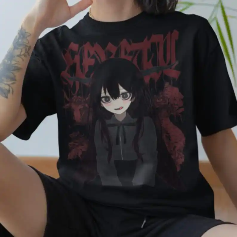 

HERETIC DARK T-Shirt, Gothic Anime Shirt, Harajuku Apparel, Aesthetic Devil Girl, Goth Manga, Alt Shirt, Alt Grunge Fashion