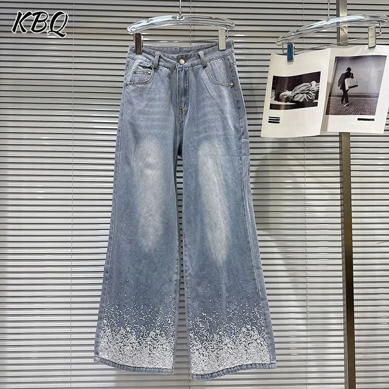 

KBQ Solid Slimming Spliced Pocket Autumn Casual Denim Pants For Women High Waist Temperament Straight Jeans Female Fashion Style