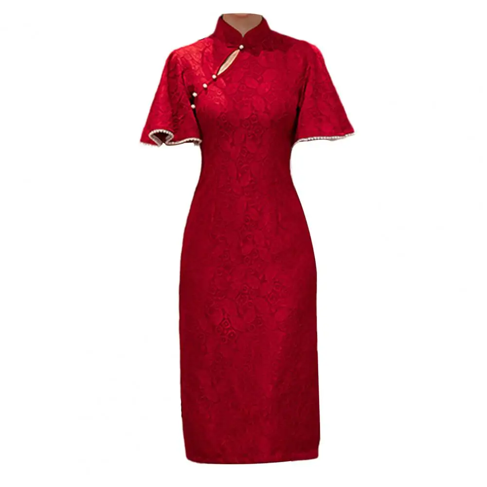 Retro Cheongsam Elegant Lace Cheongsam Qipao Stand Collar Retro Dress for Women Chinese Style Evening Wedding Dress with 3/4