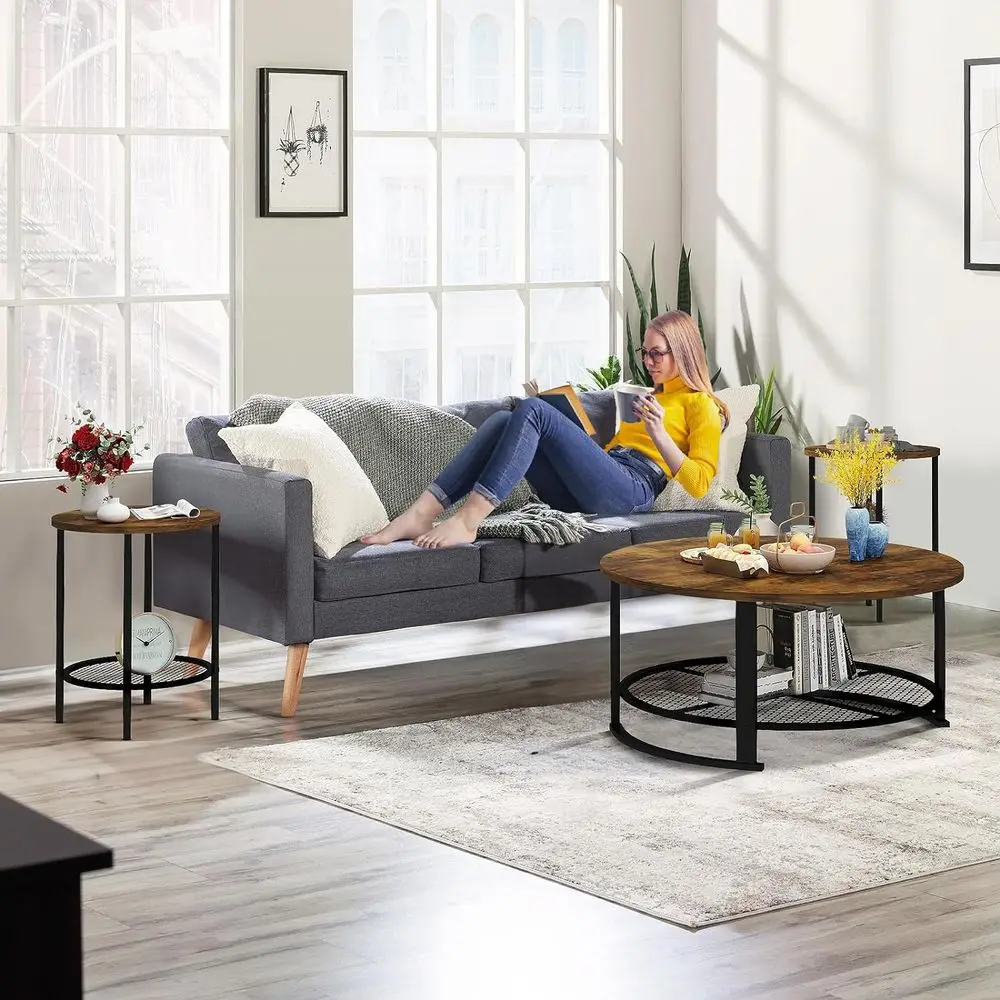 Round Coee Table and End Table Set o 3 with Storage, ern Vintage k Brown Coee Table and Side Table or Living Room, Oice, Aparent - view 2