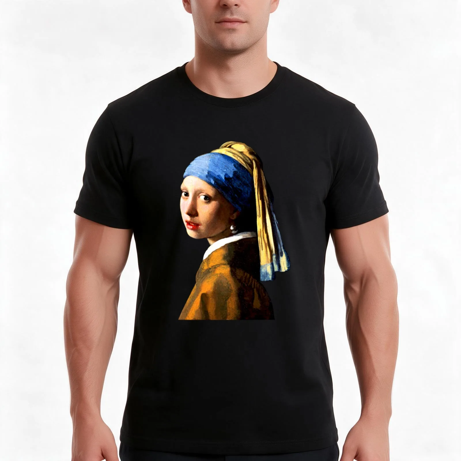 Vintage Girl With A Pearl Ear Ring Art T-Shirt, Summer Casual Cotton Tee, Oversized Streetwear Tops, Vintage Graphic Print