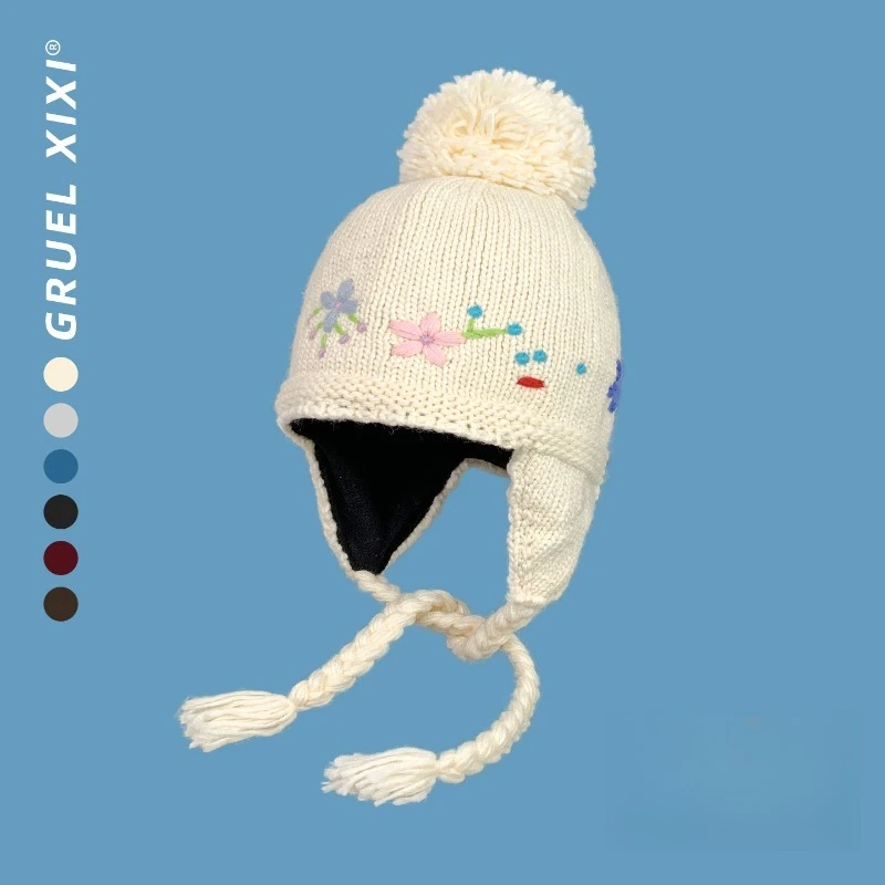 

Ретро вышитые модные вязаные шапки с цветочным ремешком для защиты ушей для женщин зимние милые теплые шапочки с комочками волос Skullies