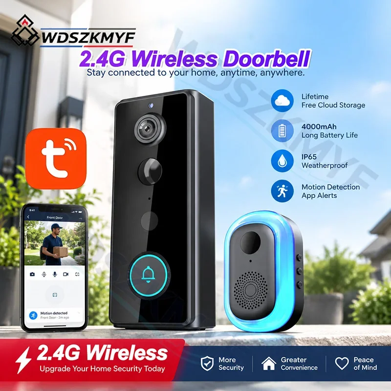 tuya製-屋外用ワイヤレスビデオドアベル、ip65防水、2mp-hdナイトビジョン、aiモーション検知、クラウドストレージ無料、ホームセキュリティ対応。