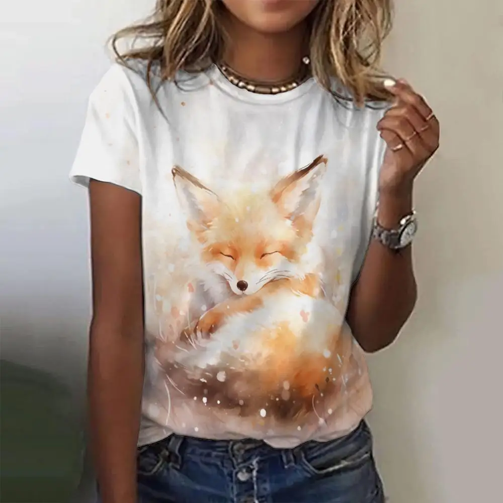 2024 Summer Casual Women's T-Shirt Fashionable Printed Color Small Animal Pattern Round Neck Short Sleeved Loose Top