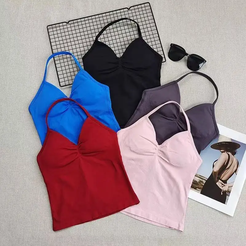 

Women's Sexy Neck Hanging Backless Yoga Sports Vest Fitness Pilates Tight Long Top Gathered Sports Bra for Yoga, Autumn