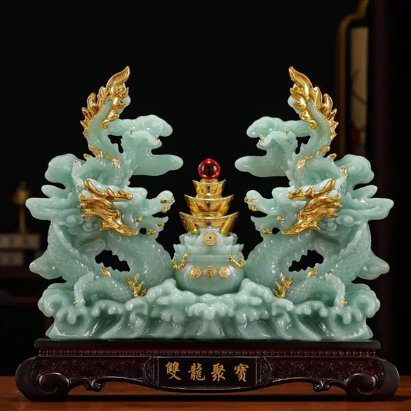 Double Dragon Treasure Bowl Fortune Qinglong Ornaments Living Room Office Decor Housewarming Business Gifts