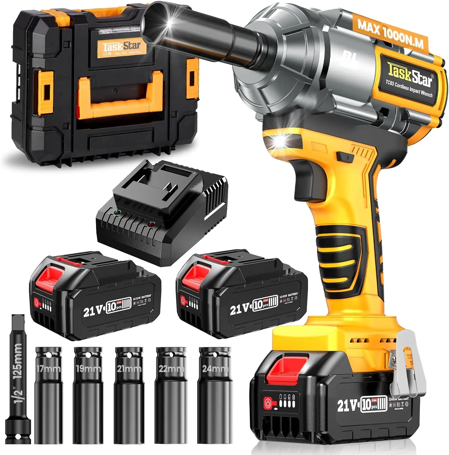 1000 N.M Cordless Impact Wrench 1/2 In. 738Ft-Lbs Brushless High Torque Impact Gun, 2X 4.0Ah Battery & Fast Charger, 5 Sockets