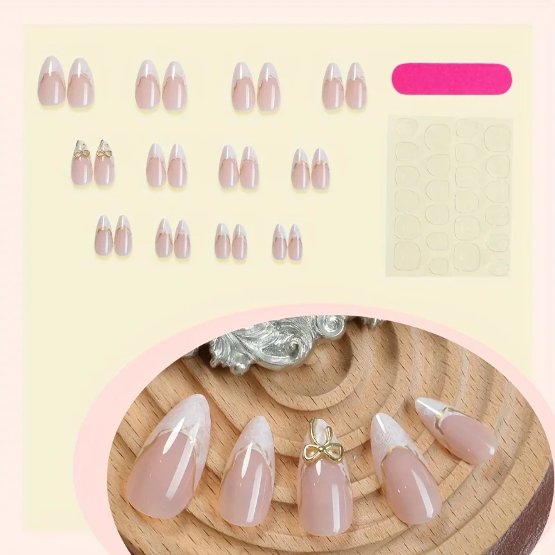 24 Pieces of White Pointed Nail Art Patches, Medium Almond Shaped Gradient Nail Stickers, with Gold 3D Bow for Wearing Nail image 6