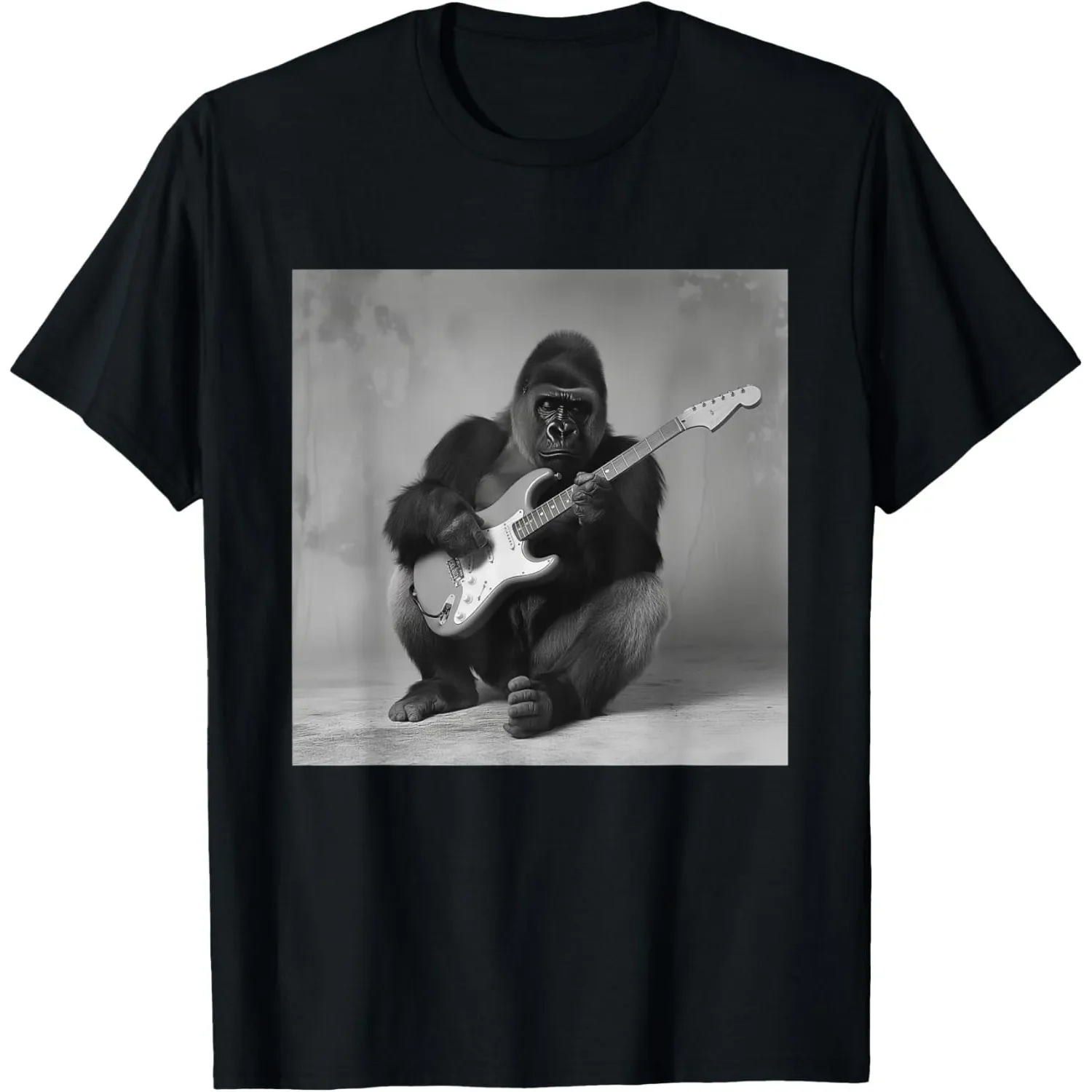 Funny Gorilla Playing Guitar Graphic T-Shirt asual Round Neck Short Sleeve Tee