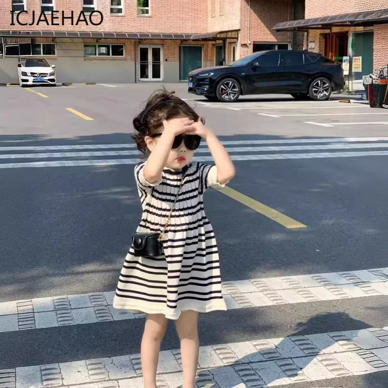 

ICJAEHAO 2024 Matching Girls Outfit Summer New Ins Nordic Style Clothes Elegant Lace Striped Knitted Short Sleeve Elegant Dress