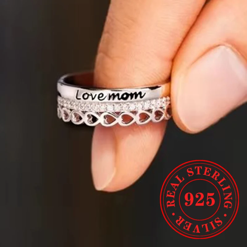 Huitan New Trendy Mother's Day Gift Mom Rings Fancy Caved Letter Design Love Rings for Mother 925 Sterling Silver Fine Jewelry