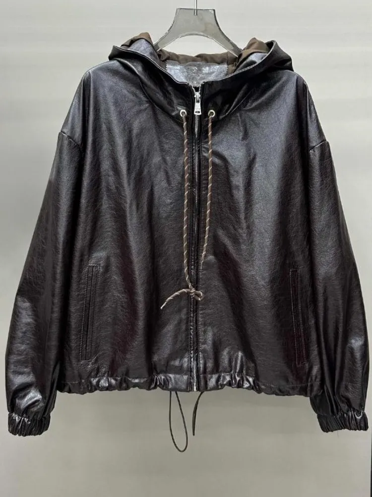 Veste à capuche en cuir véritable pour femme, Style loisirs, couleur unie, peau de vache, manches longues, fermeture éclair ample, vêtements d'extérieur à la mode