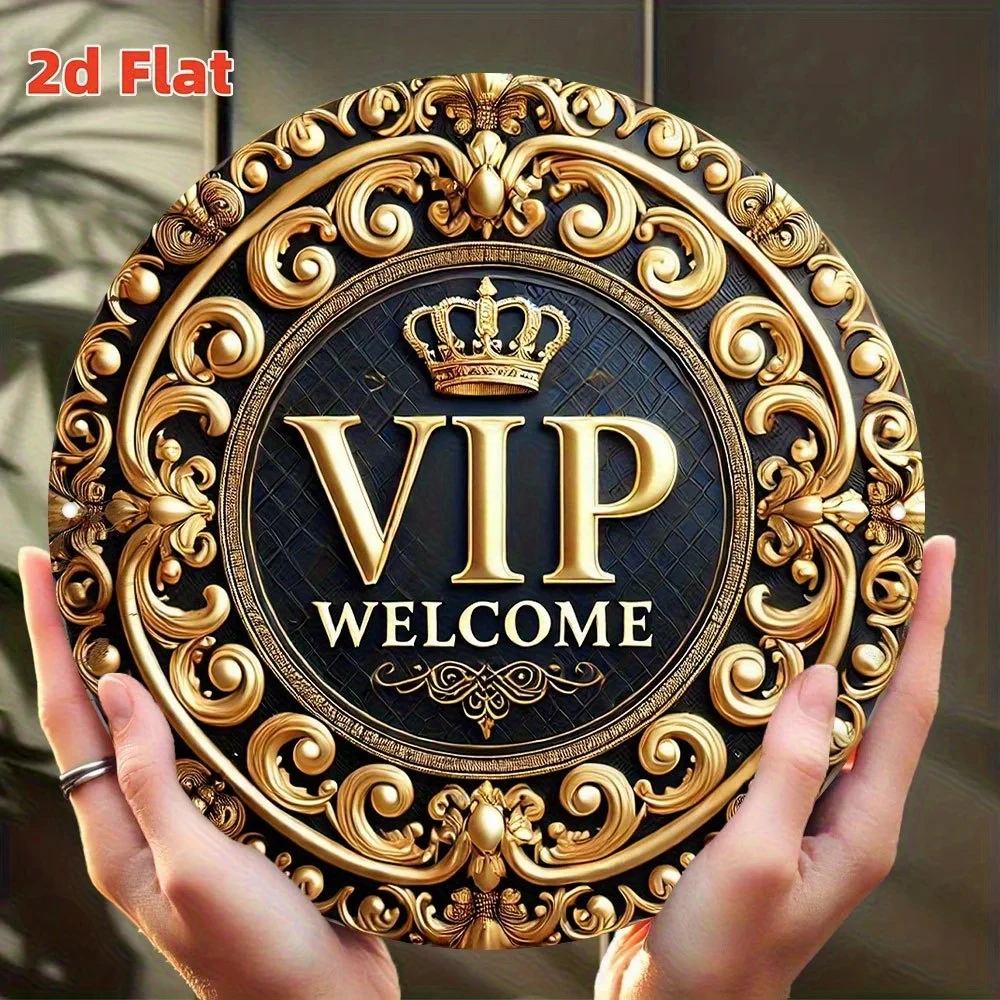 2D Flat, Luxury Vip Welcome Sign - Large Gold and Metal Decorative Sign for Front Door, Gorgeous Wall Decoration for Office