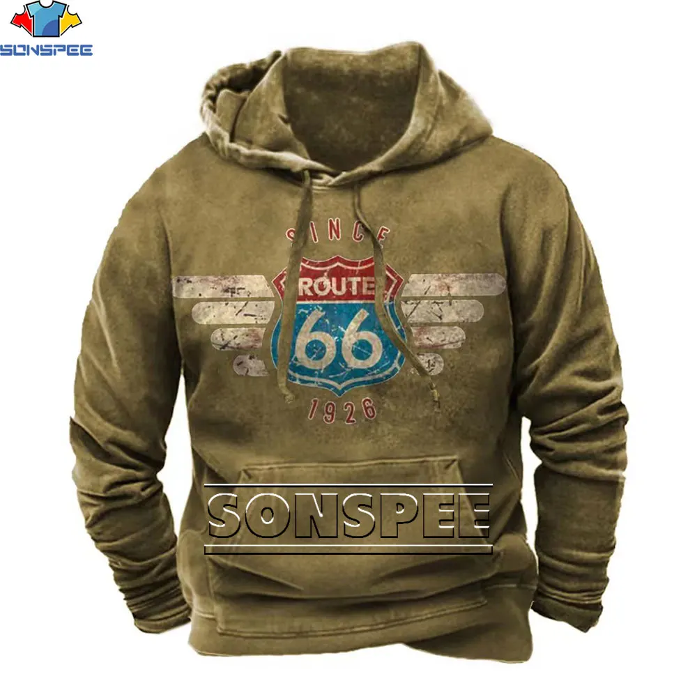 SONSPEE 3D Print Hoodies Men 2023 Winter Sweatshirt Route 66 Graphics Vintage Hooded Male Tops Pullover Street Loose Clothes