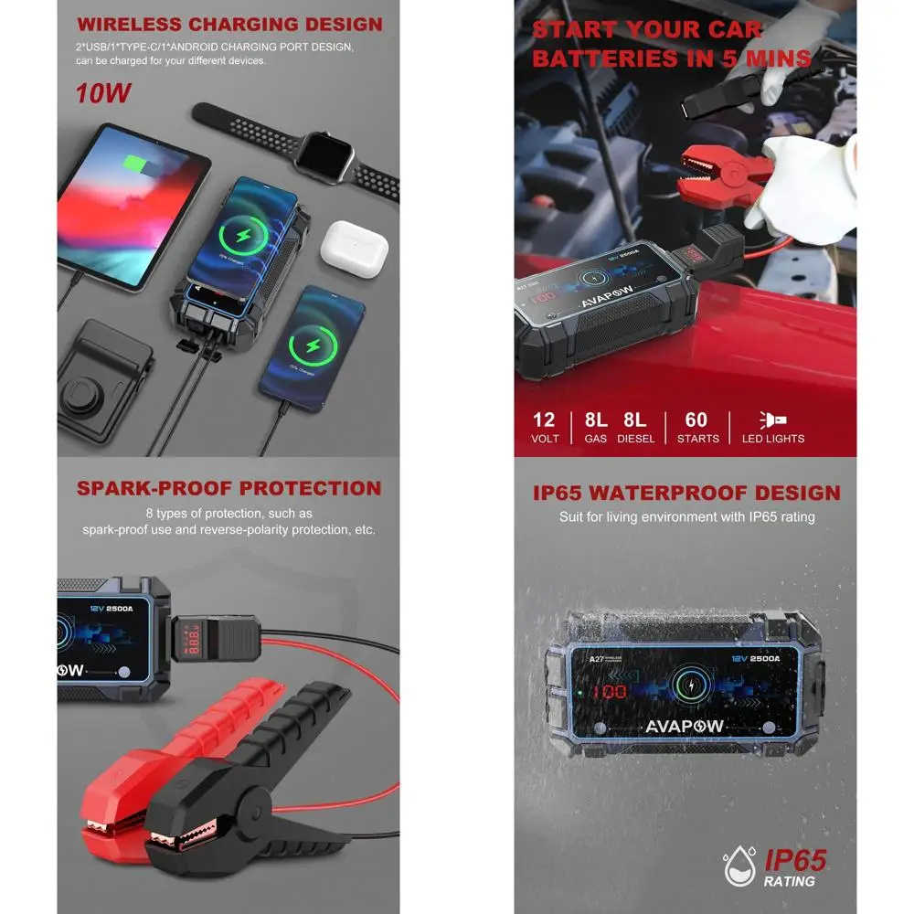 

Jump Starter Car Battery 2500A Peak,Portable Jump Starters for Up to 8L Gas 8L Diesel Engine with Booster Function,Wireless Char