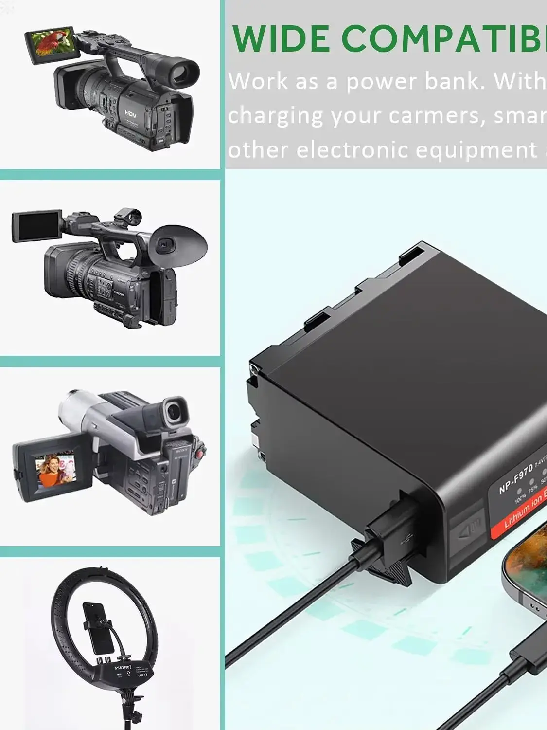 Suitable for Sony NP-F970 battery, F960 video camera fill light and camera battery, with a capacity of 7800mAh.