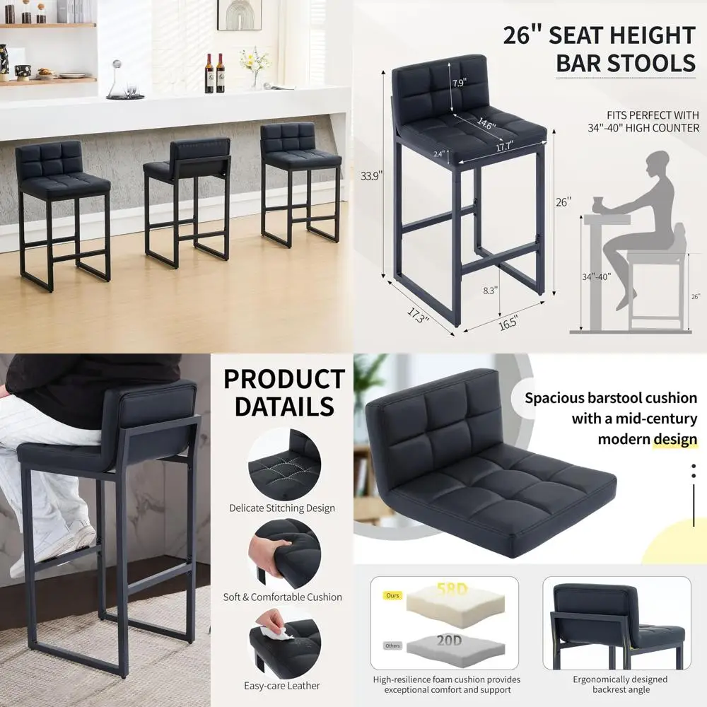 Set of 3 Counter Height Bar Stools, Upholstered Faux Leather with Low Back, Thickened Metal Legs, Modern Design