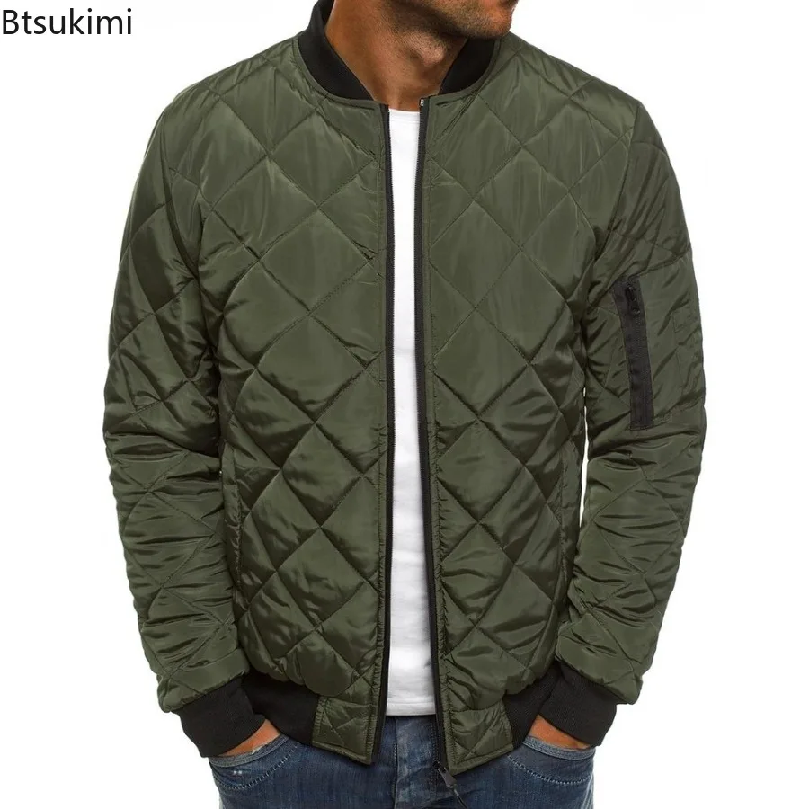 Men's Fashion Classic Zipper Parkas Autumn and Winter Warm Loose Rhombus Cotton Padded Solid Color Jacket Coats Male Clothing