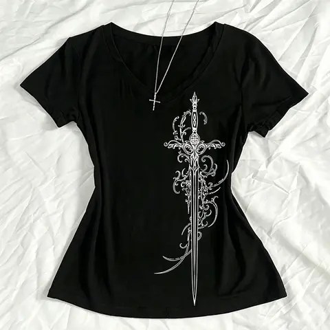 Cute Cartoon Print T-Shirt Y2k Punk Summer Casual Preppy Style Slim Crop Top Vintage Women's Streetwear Sexy Grunge Fairy Tees