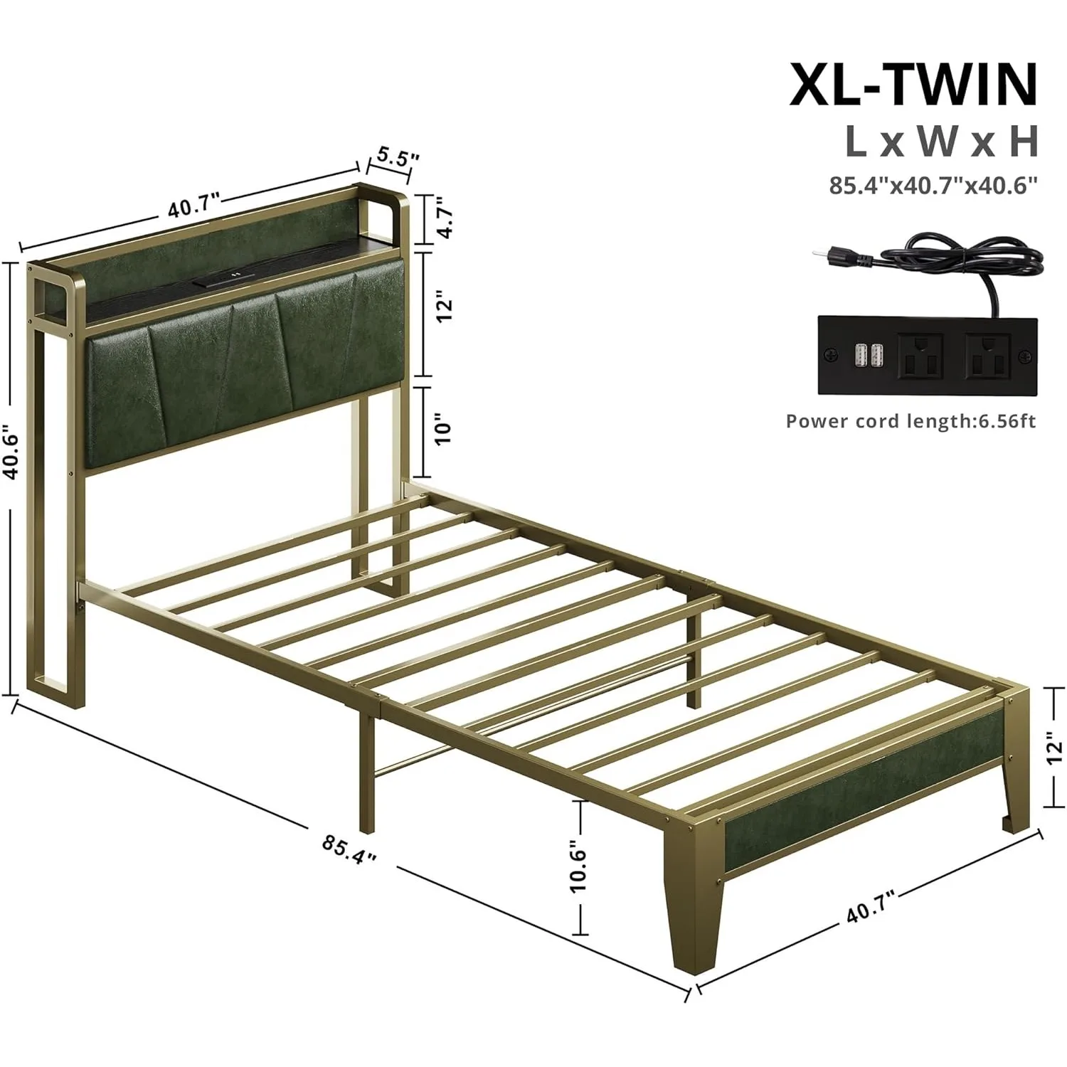 إطار سرير Twin XL، لوح رأسي للتخزين مع محطة شحن، صلب ومستقر، خالٍ من الضوضاء، لا حاجة إلى صندوق زنبركي، سهل التجميع