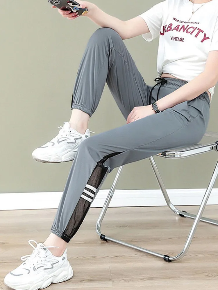 

Женские летние спортивные брюки из ледяного шелка с высокой талией, тонкие, для бега, повседневные, свободные, утягивающие, с защитой от солнца, укороченные, фасон «Харлан»