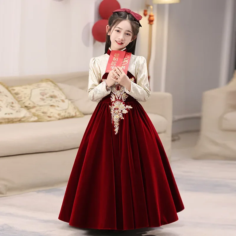 2026 Red Girls Party Dress KidsGirl Wedding Piano Performance Outfit Birthday Princess Gown Chinese Style Children Host Flower