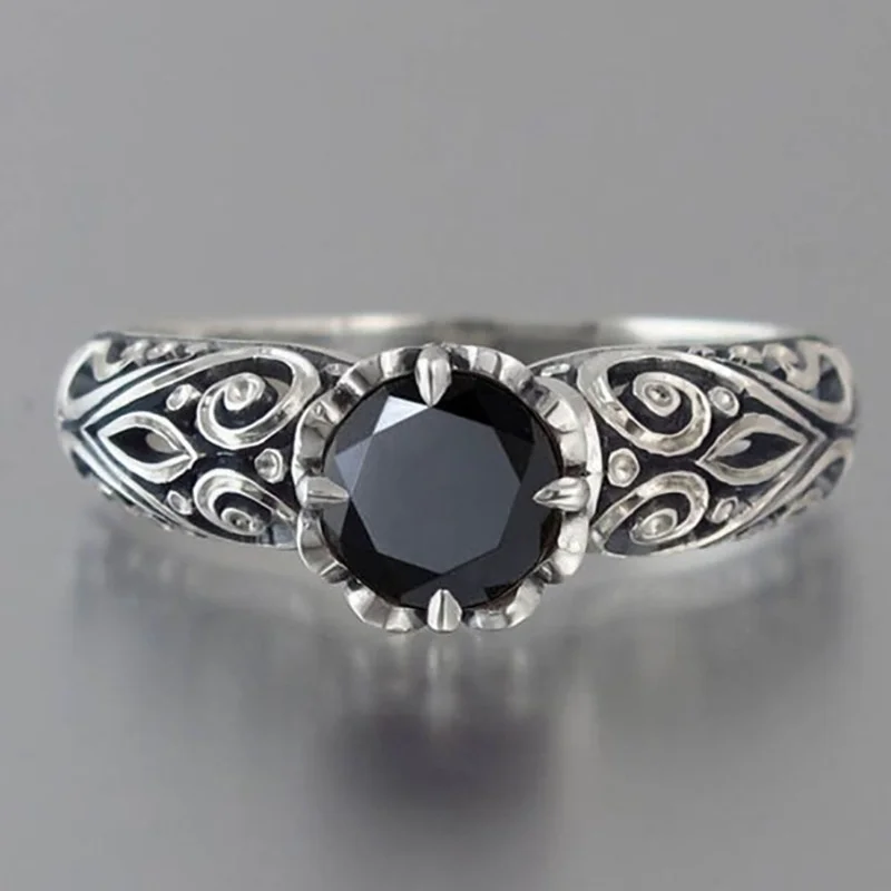 Vintage Black Crystal Flower Lines Pattern Ring For Men Jewelry Adjustable New Arrival S925 Ring Male Index Finger Accessories