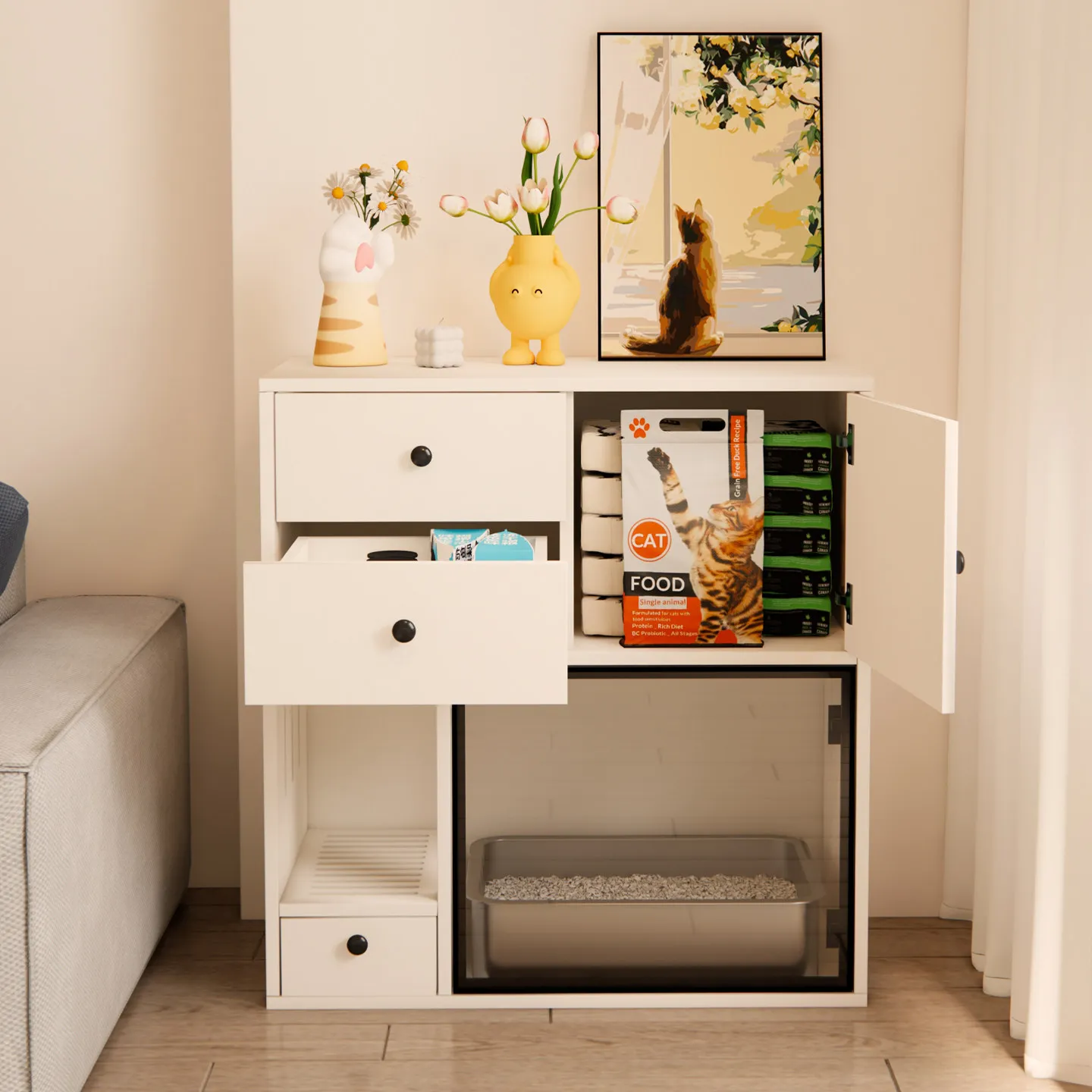 Solid wood cat toilet semi-closed sand control upper drawer storage large space storage cabinet